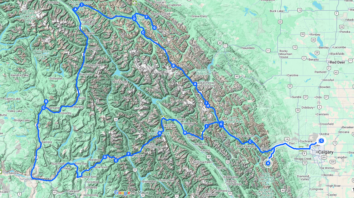 Mapa do roteiro Grand Canadian Rockies entre Alberta e British Columbia